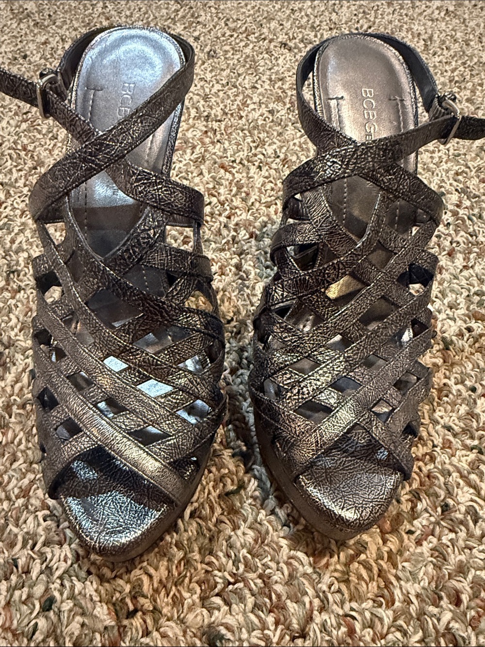 BCBG Metallic Pewter Woven Strappy Sandals